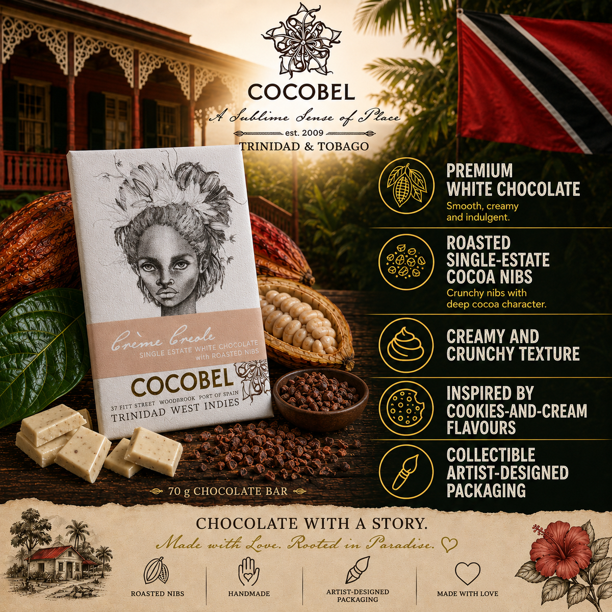 Crème Creole White Chocolate with Roasted Cocoa Nibs | Single-Estate Trinidad Chocolate