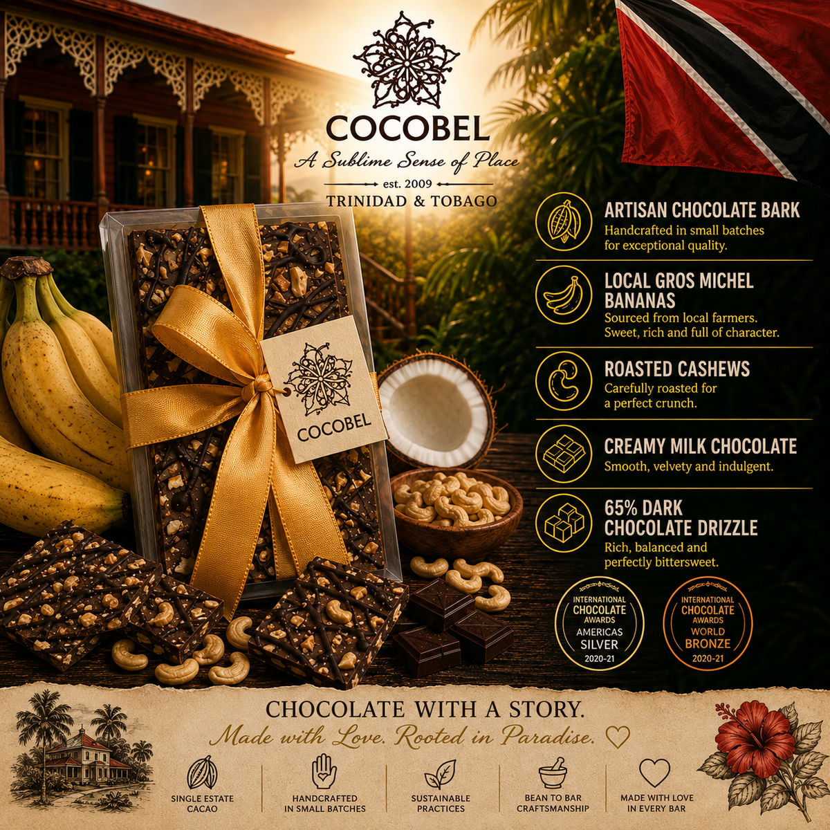 Banana Dreams Chocolate Bark | Dried Gros Michel Banana, Cashew & Milk Chocolate | Trinidad Artisan Chocolate