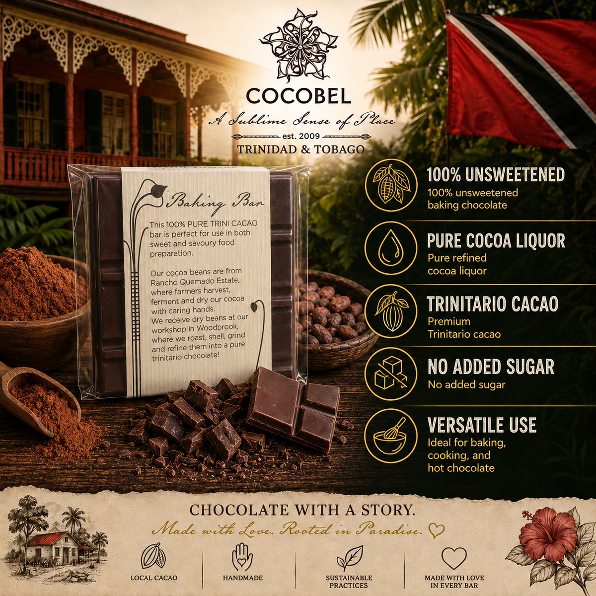 100% Baking Chocolate Bar | Unsweetened Pure Cocoa | Artisan Baking Chocolate from Trinidad & Tobago